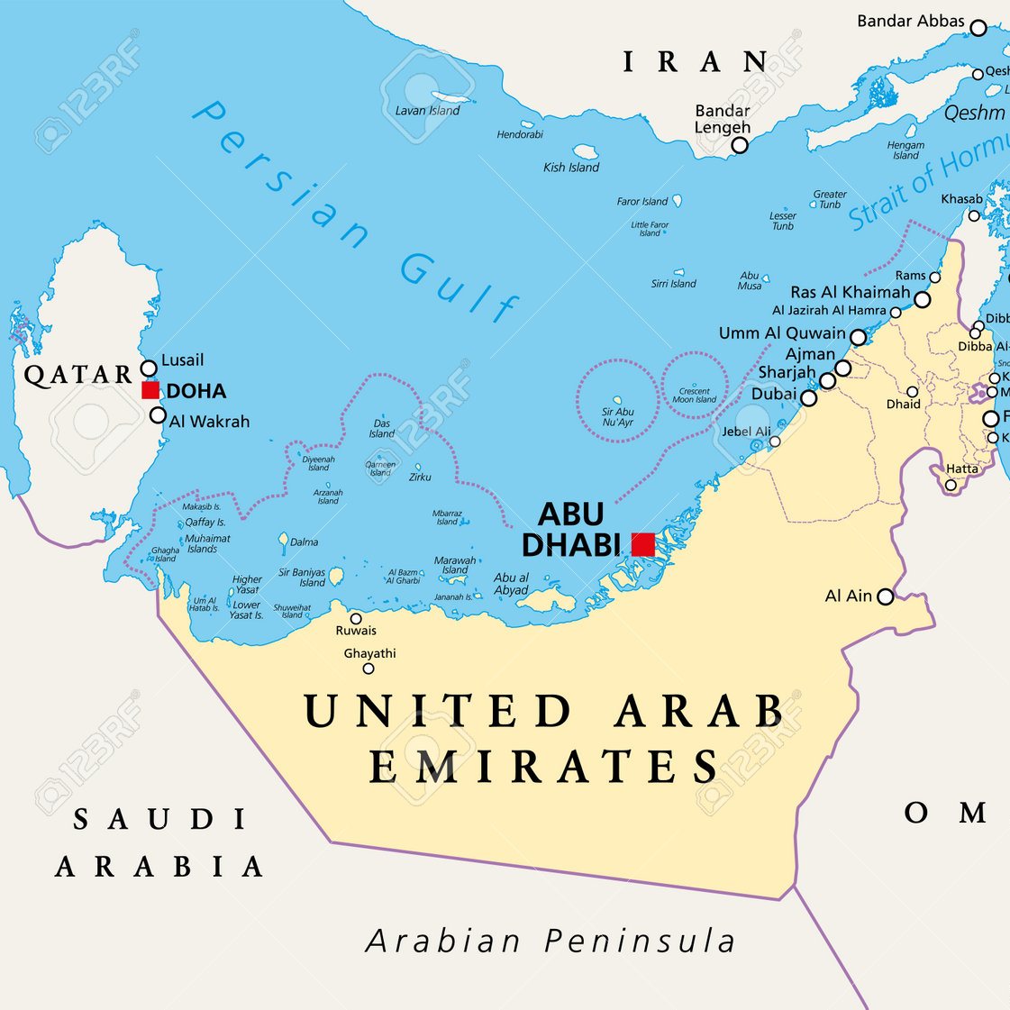 Map of the Gulf: Qatar on the left, the United Arab Emirates to the right, with Doha and Dubai marked