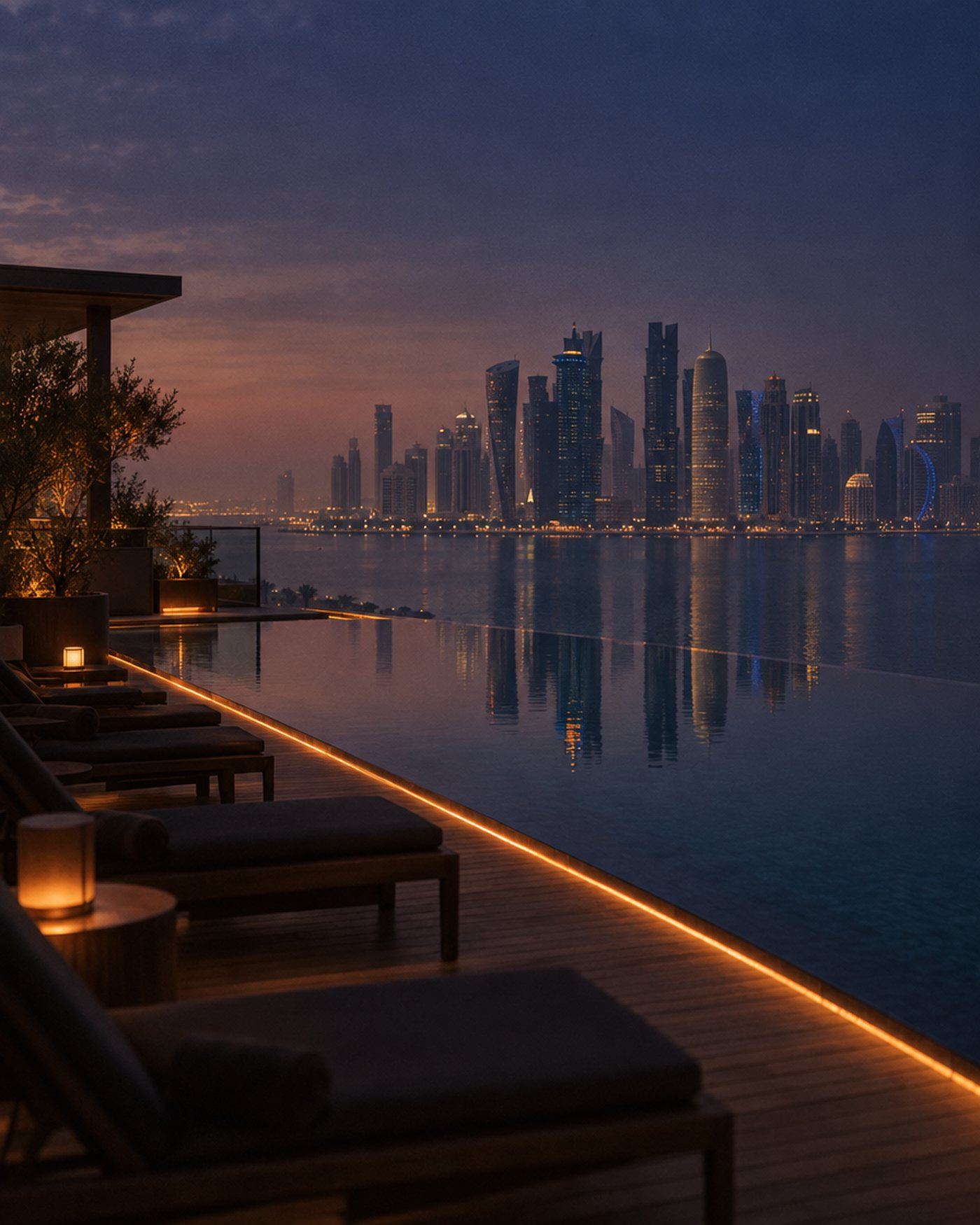 A rooftop infinity pool at dusk reflecting the Doha skyline, lit by a thin orange light strip