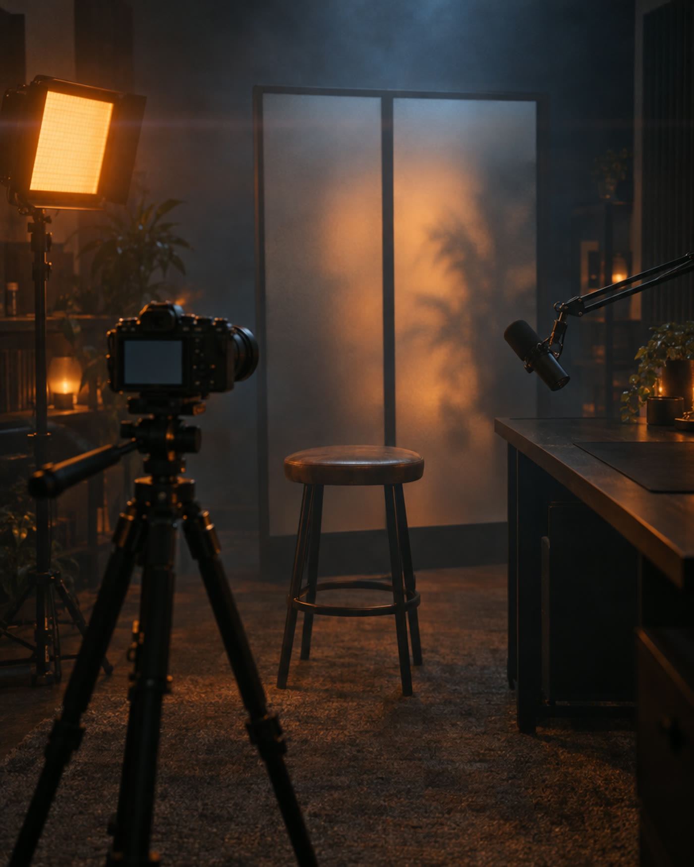 A camera on a tripod facing an empty stool in a dark creator studio with a warm light panel