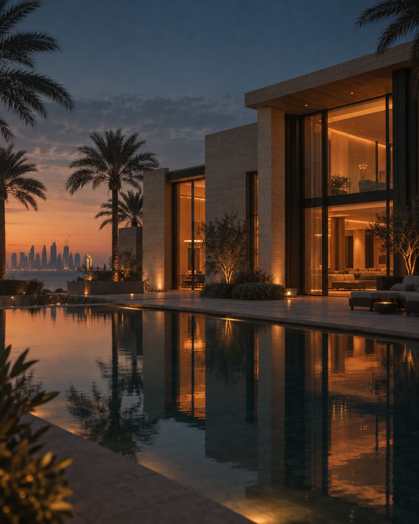 A modern villa at dusk with warm light inside and a still reflecting pool